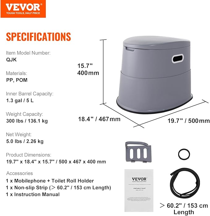 VEVOR RV Toilet for Camping, Portable Toilet with 1.3 Gal Detachable Inner Bucket & Removable Paper Holder, Commode with Dual Lids, Travel Toilet for Outdoor Camping Car Long Road Trips