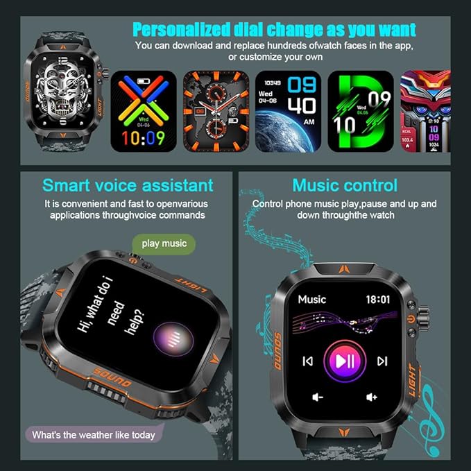 Military Smartwatch for Men LED Flashlight Bluetooth Call & IP68 Waterproof Heart Rate Blood Oxygen & Sleep Tracker Fitness Pedometer Android/iOS Compatible - Ideal for Hunting Hiking & Extreme Sports