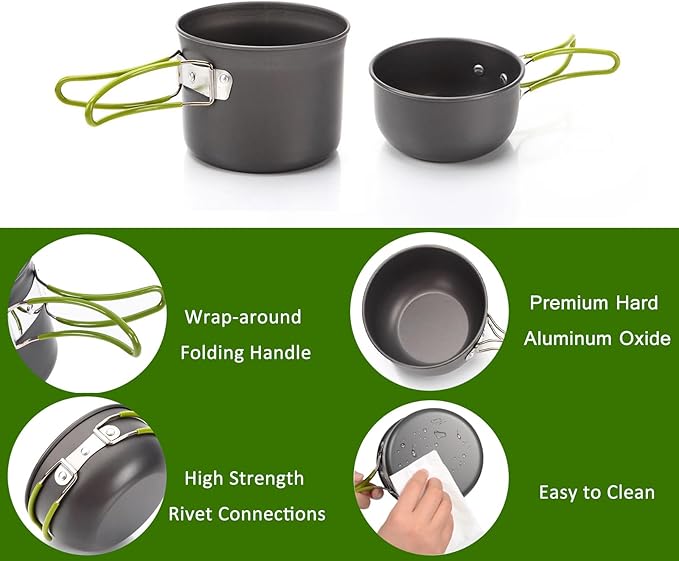 Camping Cookware Set Portable Backpacking Stove Kit, Mini Camp Stove with Non-Stick Lightweight Pots Pans and Stainless Steel Fork Knife Spoon for Outdoor Camping Hiking Cooking Gear