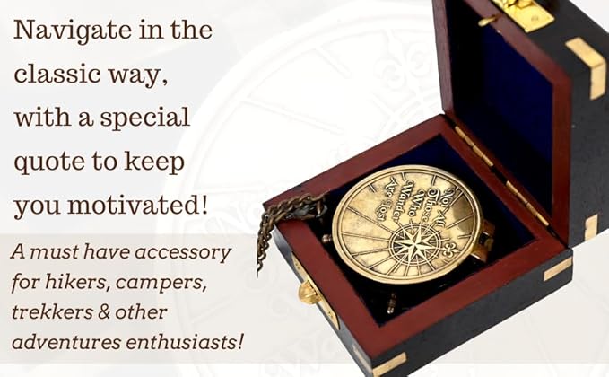 Brass Nautical - Not All Those Who Wander are Lost Brass Gift Embossed Compass with Wooden case, Graduation Day Baptism Communion Confirmation Day Motivational LOTR J.R.R. Tolkien (Wooden Box)