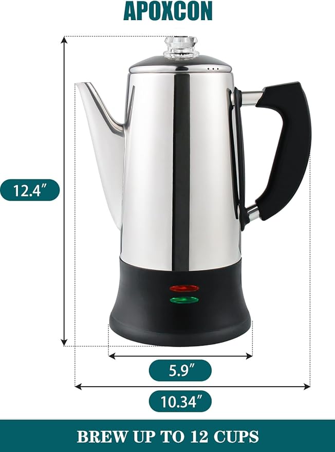Electric Coffee Percolator Stainless Steel Coffee Maker with Two Heat Resistant Tough Glass Clear Brew Progress Knob Classic Look Keep Warm & Cordless Serving Coffee Pot 12 Cup