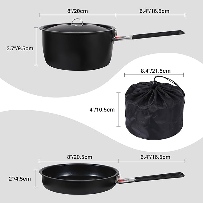 REDCAMP Camping Cookware Mess Kit with Folding Handle, Lightweight Non-Stick Camping Cooking Pot and Frying Pan with Mesh Bag for Outdoor Hiking Backpacking Picnic