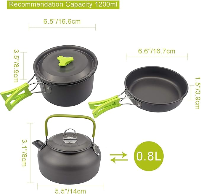 Peidesi Camping Cookware Mess Kit, Portable Camp Stove Pots and Pans Set, Carabiner, Folding Knife, Fork Spoon Kit, Carry Mesh Bag,Teapot for Backpacking, Outdoor Camping, Hiking and Picnic(16Pcs)