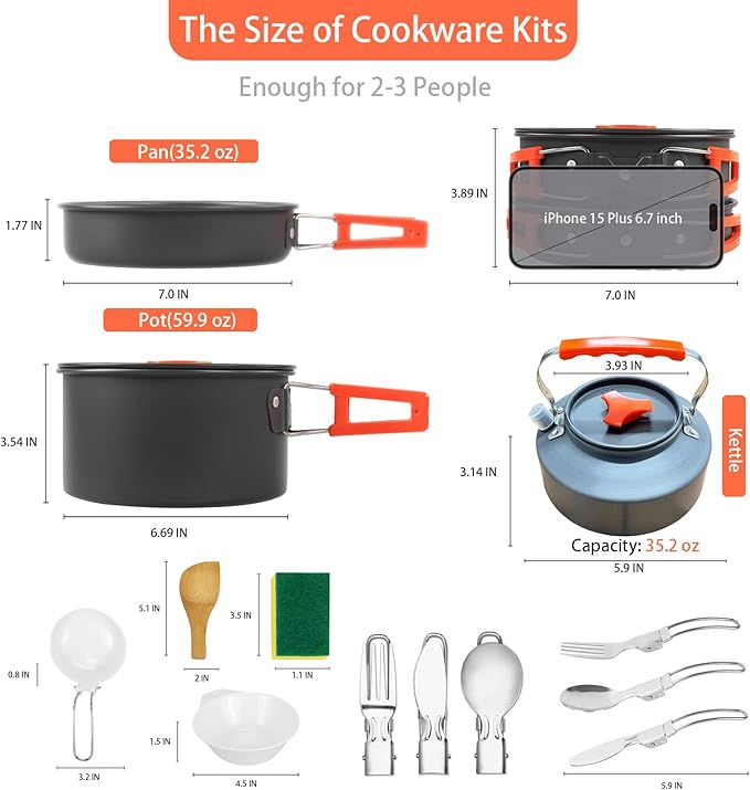 Camping Cookware Set, 13in1 Camping Cookware, Non-Stick Lightweight Camping Pot and Pan Set with Stainless Steel Kettle Plates Spoon for Backpacking, Hiking, Outdoor Cooking and Picnic