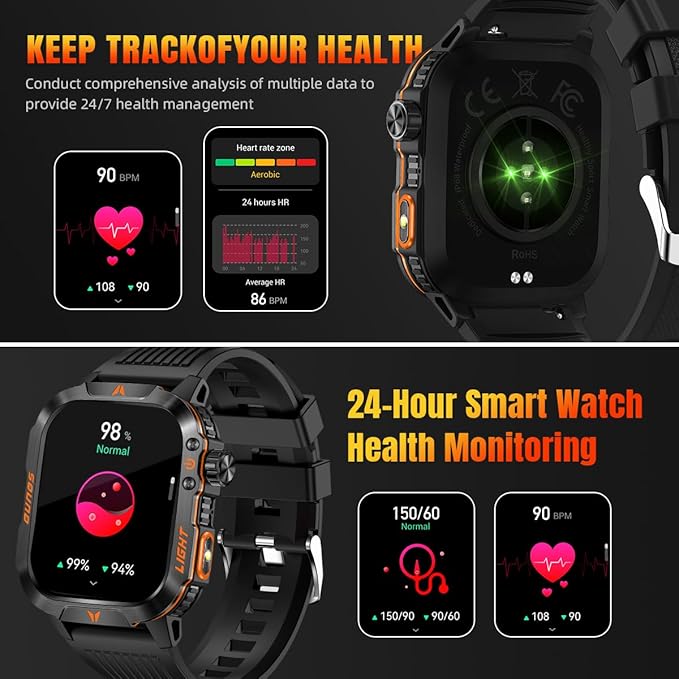 Military Smartwatch for Men LED Flashlight Bluetooth Call & IP68 Waterproof Heart Rate Blood Oxygen & Sleep Tracker Fitness Pedometer Android/iOS Compatible - Ideal for Hunting Hiking & Extreme Sports