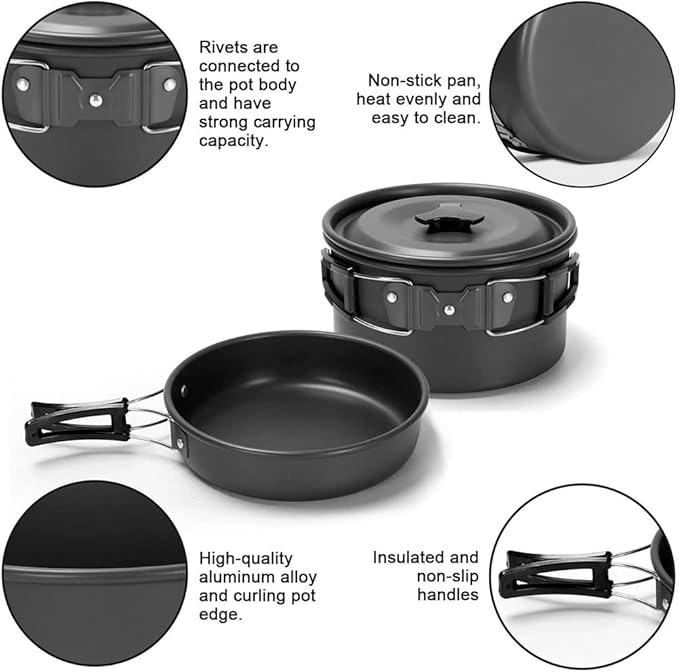 aiGear Camping Cooking Set Cookware Mess Kit with Storage Bag Pot Pan and Teapot Set Camping Accessories for Outdoor Camping Hiking Picnic Portable and Lightweight Aluminum