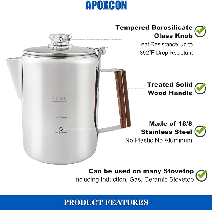 Coffee Percolator Camping Coffee Pot Stainless Steel Coffee Maker with Two Heat Resistant Tough Glass Knob Using on any Stovetop Outdoor Traveling NO Aluminum NO Plastic (9 Cup)