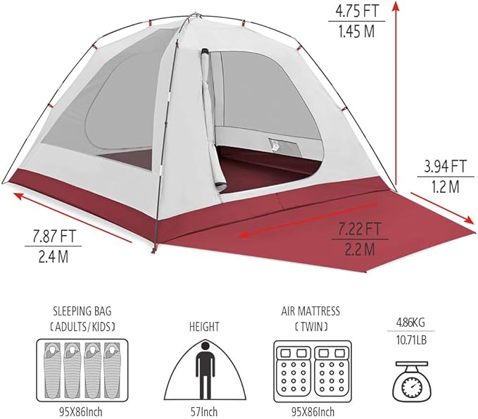 KAZOO 2/4 Person Camping Tent Outdoor Waterproof Family Large Tents 2/4 People Easy Setup Tent with Porch Double Layer