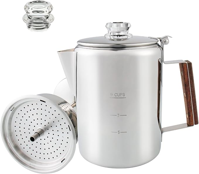 Coffee Percolator Camping Coffee Pot Stainless Steel Coffee Maker with Two Heat Resistant Tough Glass Knob Using on any Stovetop Outdoor Traveling NO Aluminum NO Plastic (9 Cup)