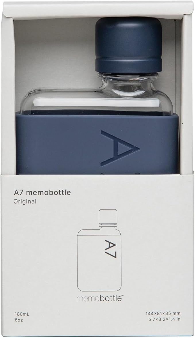 memobottle A7 (Midnight Blue) Bundle - 6oz (180ml) - Bottle, silicone sleeve & lid | Compact Flat Bottle for Bags & Pockets | BPA Free Tritan | Modern & Minimalist | For Gym, Work & Travel