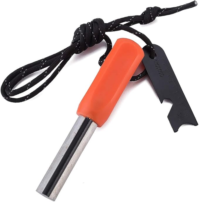 Fostar Outdoors Emergency Fire Starter,Magnesium Mg Rod Integrate with Ferro Rod, Paracord and Multi –Function Scraper Striker, Great for Bushcraft, Camping, Hiking, Hunting