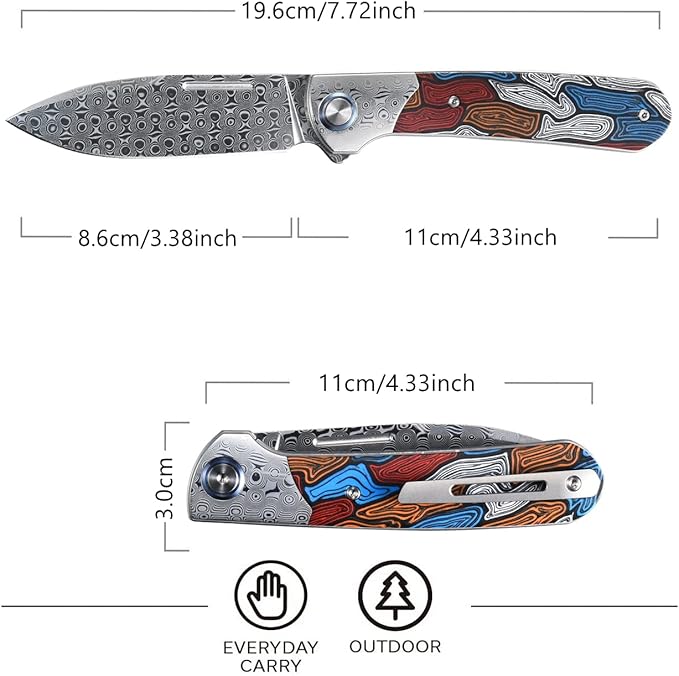Sitivien ST256 Damascus Steel Folding Knife,Damascus Blade with Colorful G10 Handle EDC Knife for Outdoor Camping,Hiking, Fishing(Color) … …