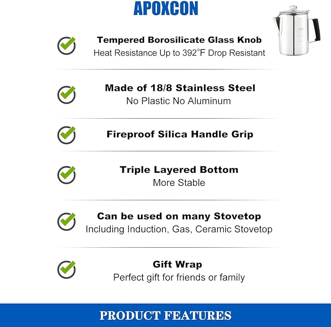Multi Use Percolator Coffee Pot Stainless Steel Stove Top Coffee Maker with Two Borosilicate Glass Knob Silica Handle Camping Coffee Pot Using on Campfire Stove & Induction Cooker Silver 9 Cup