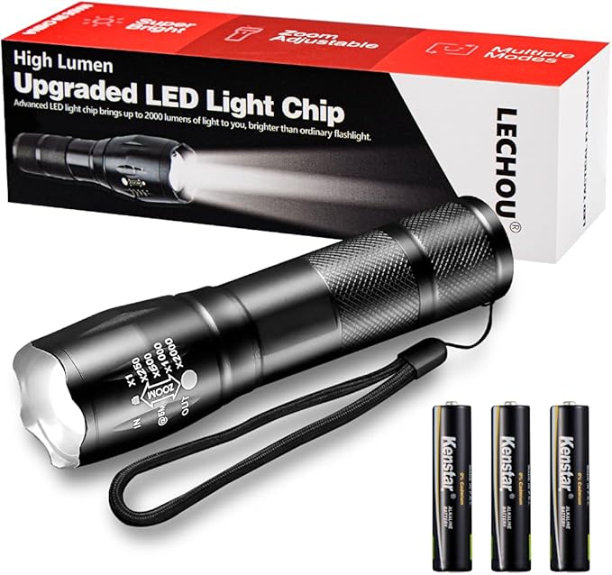 Waterproof Tactical Flashlight, 3000 Lumens LED Flashlights, 5 Modes, Zoomable, Powerful Handheld Flashlights for Outdoor Camping Hiking, Mini Flashlights for Home Emergency (1 Pack)