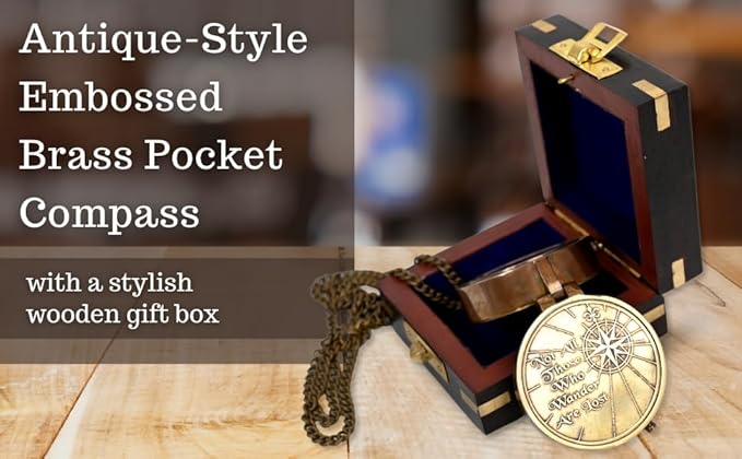 Brass Nautical - Not All Those Who Wander are Lost Brass Gift Embossed Compass with Wooden case, Graduation Day Baptism Communion Confirmation Day Motivational LOTR J.R.R. Tolkien (Wooden Box)