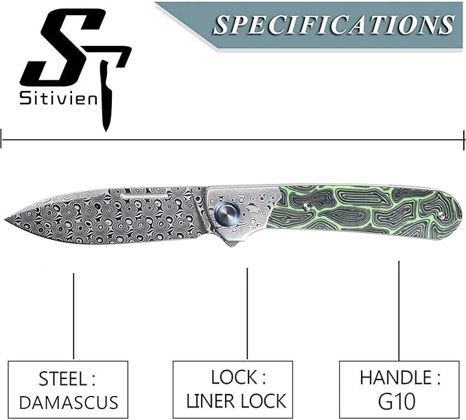 Sitivien ST256 Damascus Steel Folding Knife,Damascus Blade with Colorful G10 Handle EDC Knife for Outdoor Camping,Hiking, Fishing(Green) … …
