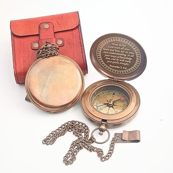 Trust in The Lord Compass - Proverbs 3:5-6 Engraved Brass & Leather Case Compass - Religious Gifts for Men, Baptism, Confirmation, Graduation Gift 2025