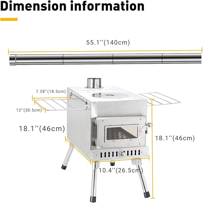 Outdoor Camping Stove Camp Tent Stove, Portable Wood Burning Stove with Chimney Pipe for Tent, Shelter, Camping Heating and Cooking (Pipe Diameter: 2.95")