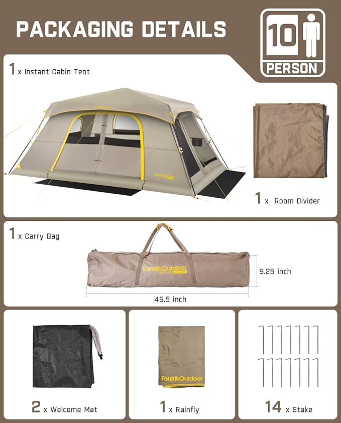 FanttikOutdoor Camping Tent, Lightweight 8/10 Person Instant Cabin Tent Setup in 60 Seconds with Rainfly & Windproof, Ultralight with Carry Bag for Family Camping & Hiking, Upgraded Ventilation