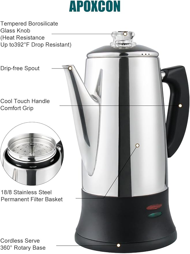 Electric Coffee Percolator Stainless Steel Coffee Maker with Two Heat Resistant Tough Glass Clear Brew Progress Knob Classic Look Keep Warm & Cordless Serving Coffee Pot 12 Cup