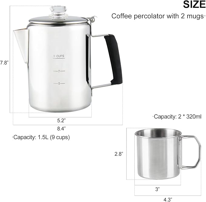 Multi Use 9 Cup Coffee Pot Bundle Coffee Percolator with 2 Mugs Stainless Steel Coffee Maker with Two Heat Resistant Borosilicate Glass Knob Fireproof Silica Handle Using on any Stovetop