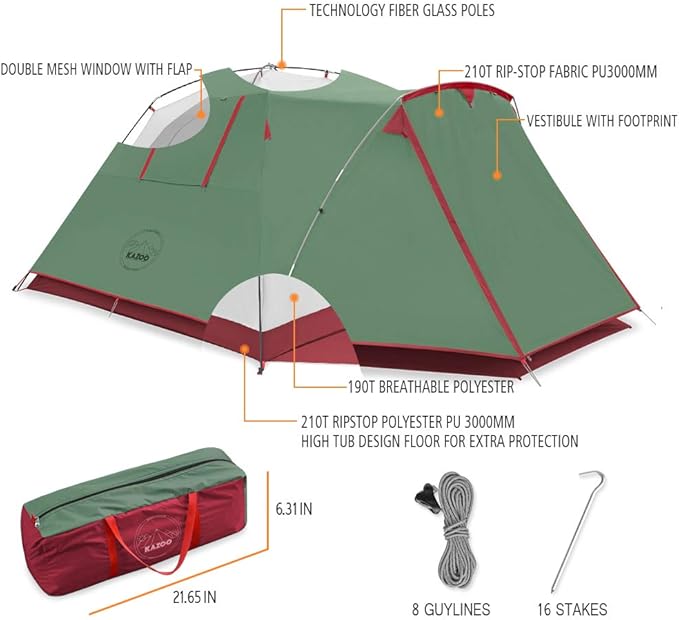 KAZOO 2/4 Person Camping Tent Outdoor Waterproof Family Large Tents 2/4 People Easy Setup Tent with Porch Double Layer