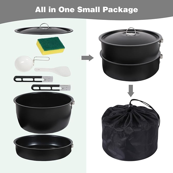 REDCAMP Camping Cookware Mess Kit with Folding Handle, Lightweight Non-Stick Camping Cooking Pot and Frying Pan with Mesh Bag for Outdoor Hiking Backpacking Picnic