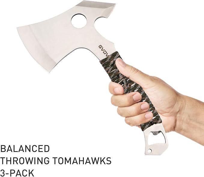 GVDV Throwing Axes for Beginners - 3 Pack Full Tang Steel Throwing Tomahawks Set with Protective Nylon Sheaths and Bottle Opener, 3 Colors Non-Slip Handle for Game, Recreation, and Competition