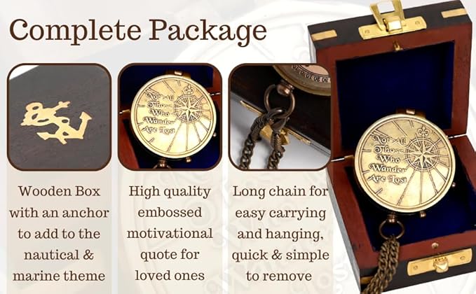 Brass Nautical - Not All Those Who Wander are Lost Brass Gift Embossed Compass with Wooden case, Graduation Day Baptism Communion Confirmation Day Motivational LOTR J.R.R. Tolkien (Wooden Box)