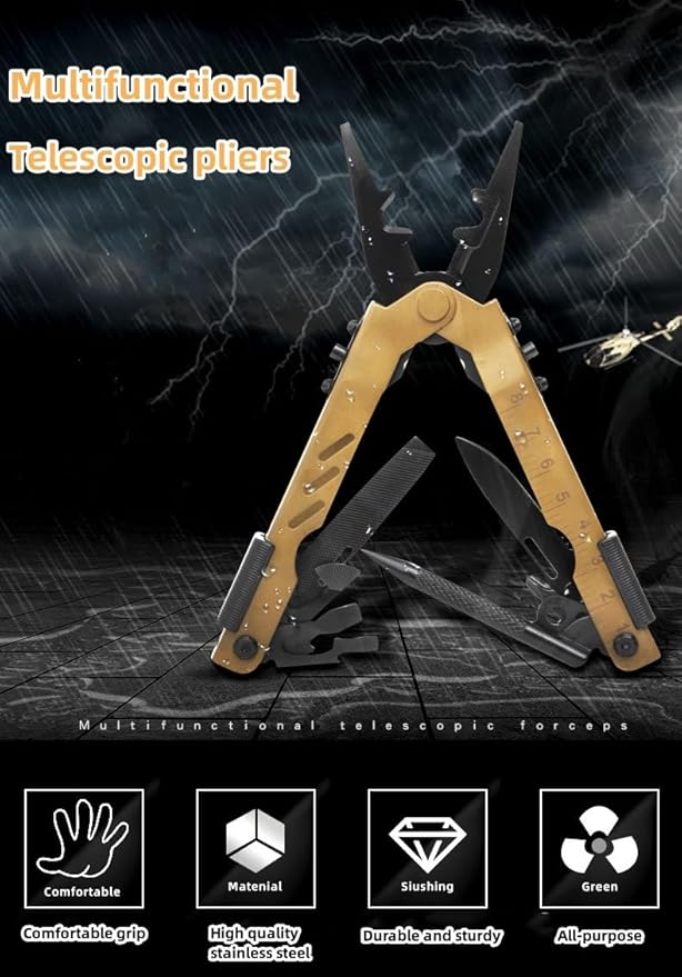 13 in 1 Portable Multifunction Tool Pliers Screwdrivers ire Stripper Folding Plier Pocket Cutter EDC Combination Tools for Outdoor Camping Fishing (Desert Colour)