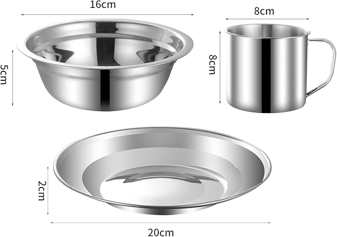 Outdoor Camping Mess Kit, Stainless Steel Tableware Mess Kit includes Plate Bowl Cup Spoon Fork Knife in Mesh Bags for Camping Backpacking & Hiking for 4 Person