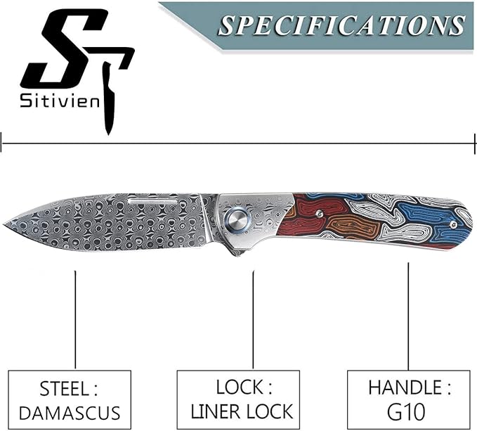 Sitivien ST256 Damascus Steel Folding Knife,Damascus Blade with Colorful G10 Handle EDC Knife for Outdoor Camping,Hiking, Fishing(Color) … …