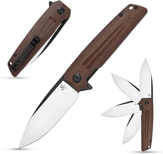 Sitivien ST152 Folding Knife,K110(D2) Steel Blade with Micarta Handle EDC Tool Knife for Outdoor Camping,Hiking,Fishing(Brown)