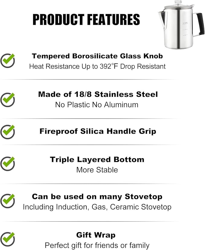 Multi Use 9 Cup Coffee Pot Bundle Coffee Percolator with 2 Mugs Stainless Steel Coffee Maker with Two Heat Resistant Borosilicate Glass Knob Fireproof Silica Handle Using on any Stovetop