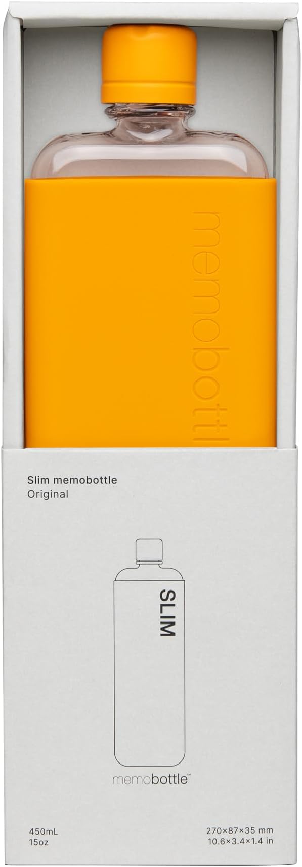 memobottle SLIM (Mandarin) Bundle - 15oz (450ml) - Bottle, silicone sleeve & lid | Sleek, Slim & Flat Water Bottle for Bags & Laptops | BPA Free Tritan | Modern, Minimalist | Ideal for Daily Use