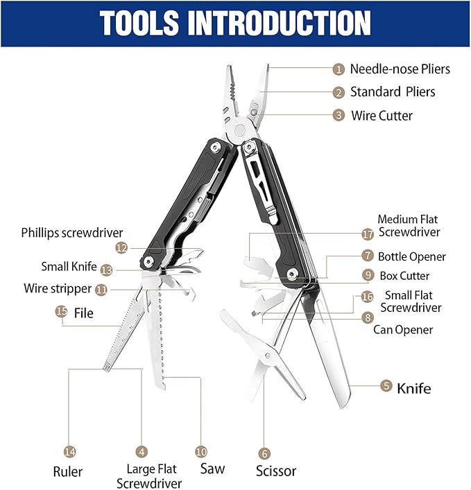 Multitool Pliers Pocket Knife Camping Tool Hiking Gear 17 in 1 Multi Tool,Foldable Stainless Steel Multi-Plier Multi-tool for Survival, Camping, Hunting, Fishing, Hiking