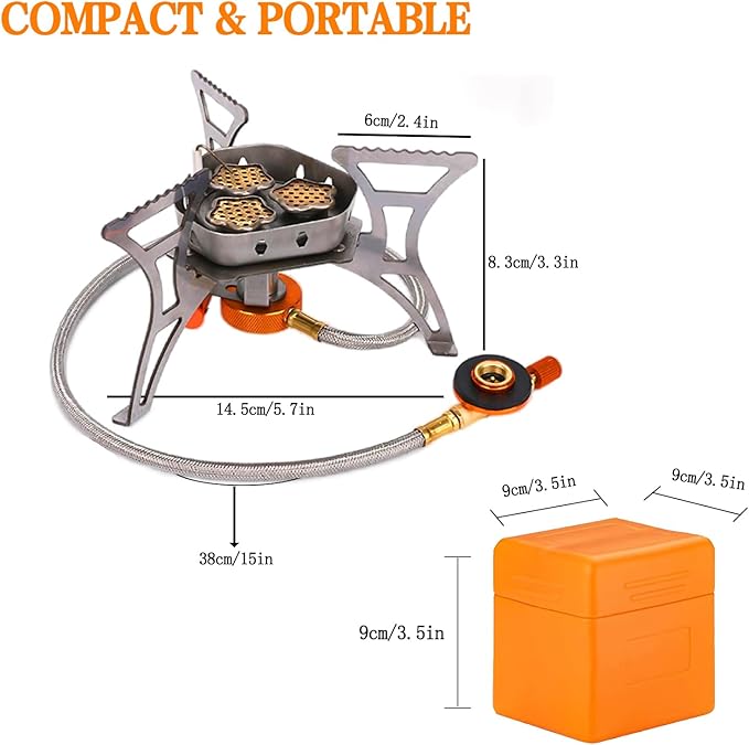 SVNVIOZ Camping Stove, Windproof Backpacking Stove with 3 Burner Cores, Piezo Ignition, Storage Box, 2 Types Fuel Canister Adapters, Camping Gear Portable Stove for Outdoor Camping Hiking Cooking
