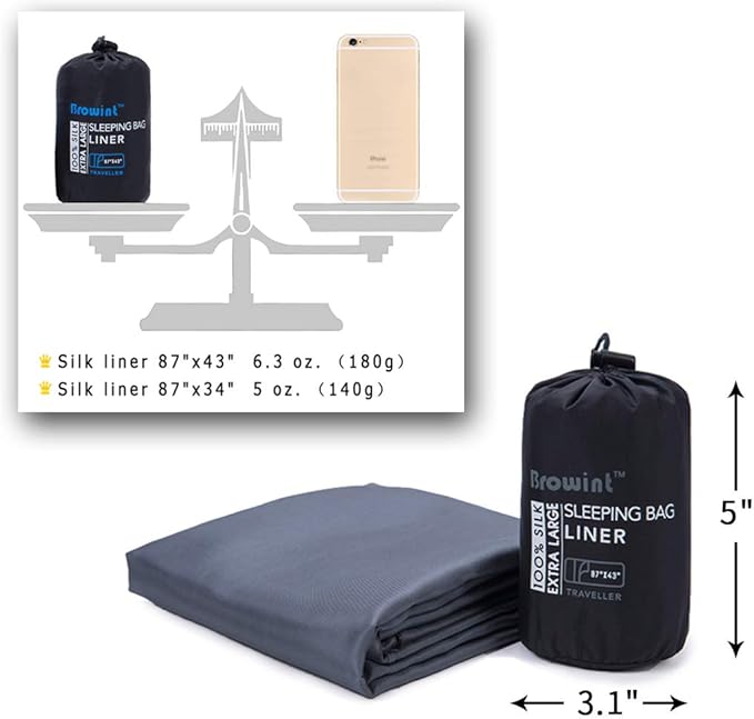 Browint Silk Sleeping Bag Liner, Silk Sleep Sack, Extra Wide 87"x43", Lightweight Travel Sheet for Hotels, More Colors for Option, Reinforced Gussets