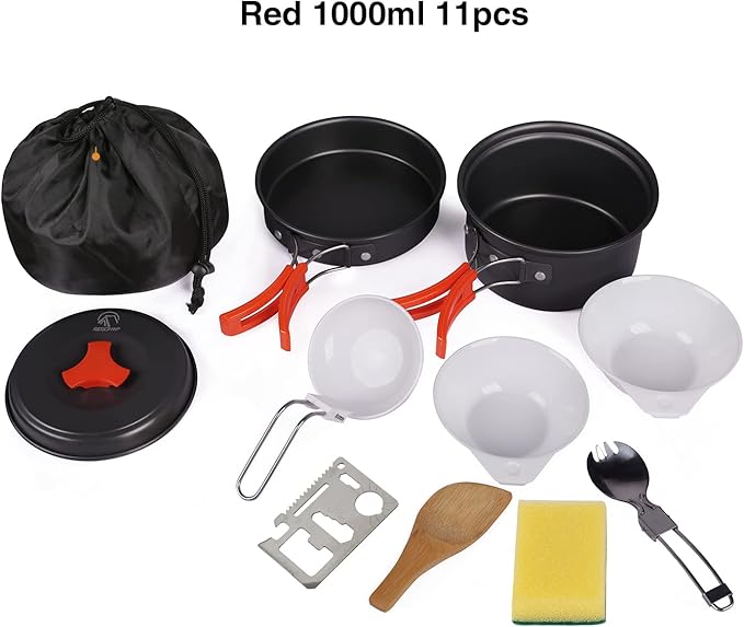 REDCAMP 11/12/17/22 PCS Camping Cookware Mess Kit, 800ml (28oz) Backpacking Camping Pot+Pan Set, Lightweight and Compact Cookware for Hiking, Picnic and Camping
