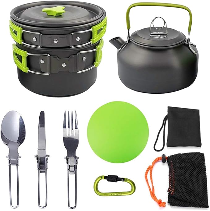 Peidesi Camping Cookware Mess Kit, Portable Camp Stove Pots and Pans Set, Carabiner, Folding Knife, Fork Spoon Kit, Carry Mesh Bag,Teapot for Backpacking, Outdoor Camping, Hiking and Picnic(16Pcs)
