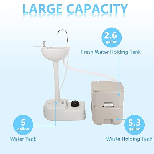 Outvita Portable Sink and Toilet Combo, 5 Gallon Hand Washing Station & 5.3 Gallon Flushing Toilet, Detachable Wastewater Recycled Perfect for Outdoor Camping RV Travel Boat