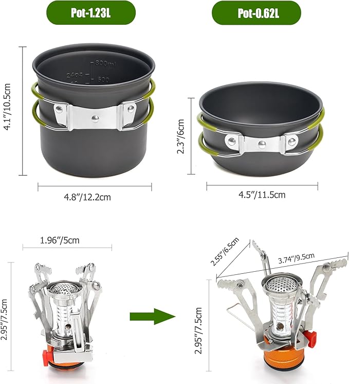 Camping Cookware Set Portable Backpacking Stove Kit, Mini Camp Stove with Non-Stick Lightweight Pots Pans and Stainless Steel Fork Knife Spoon for Outdoor Camping Hiking Cooking Gear