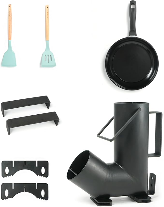 Wood Burning Rocket Stove, Camping Rocket Stove for Outdoor Cooking with Skillet, Camp Cooking and Emergency Situations