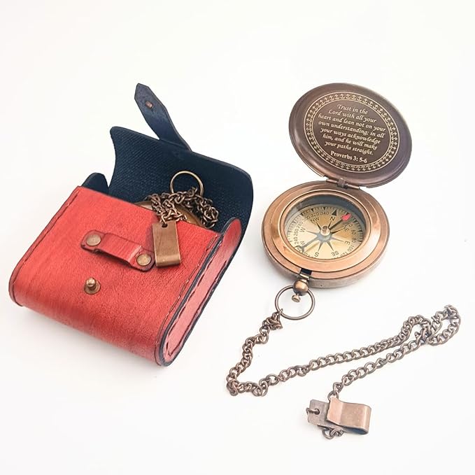 Trust in The Lord Compass - Proverbs 3:5-6 Engraved Brass & Leather Case Compass - Religious Gifts for Men, Baptism, Confirmation, Graduation Gift 2025