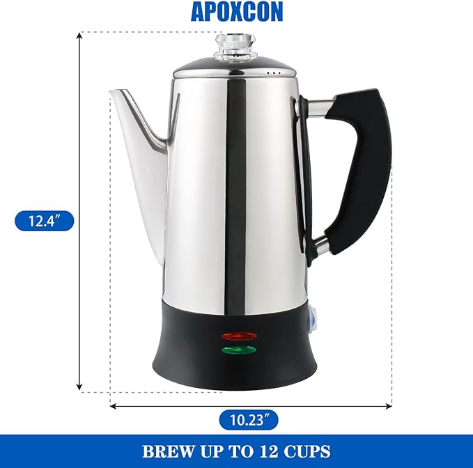 Electric Coffee Percolator Stainless Steel Coffee Maker with Heat Resistant Tough Glass Clear Brew Progress Knob, Keep Warm & Cordless Serving Classic Coffee Pot with On/OFF Switch 12 Cup