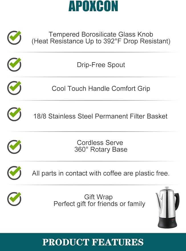 Electric Coffee Percolator Stainless Steel Coffee Maker with Two Heat Resistant Tough Glass Clear Brew Progress Knob Classic Look Keep Warm & Cordless Serving Coffee Pot 12 Cup