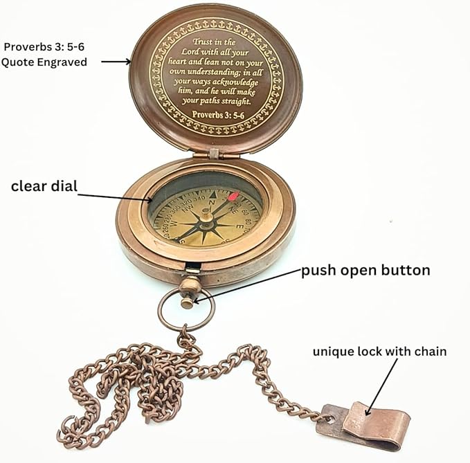 Trust in The Lord Compass - Proverbs 3:5-6 Engraved Brass & Leather Case Compass - Religious Gifts for Men, Baptism, Confirmation, Graduation Gift 2025