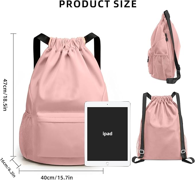 Sports Drawstring Backpack String Swimming Gym Bag Backpack with Shoes Compartment and Pocket for Men Women(pink