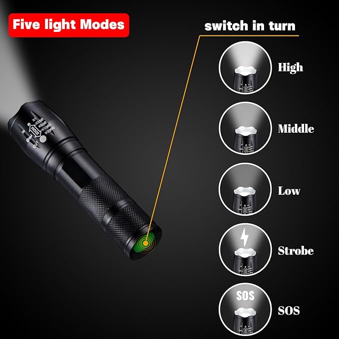 Waterproof Tactical Flashlight, 3000 Lumens LED Flashlights, 5 Modes, Zoomable, Powerful Handheld Flashlights for Outdoor Camping Hiking, Mini Flashlights for Home Emergency (1 Pack)