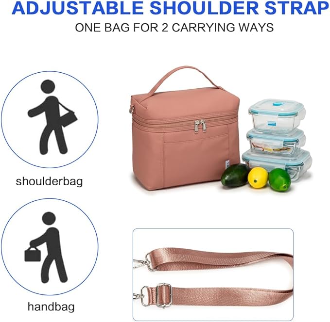 NOL Natural Organic Lifestyle Insulated Lunch Bags for Women Cooler Bag Lightweight Nylon Waterproof Lunch Box For Work (Dark Pink, Medium(normal))